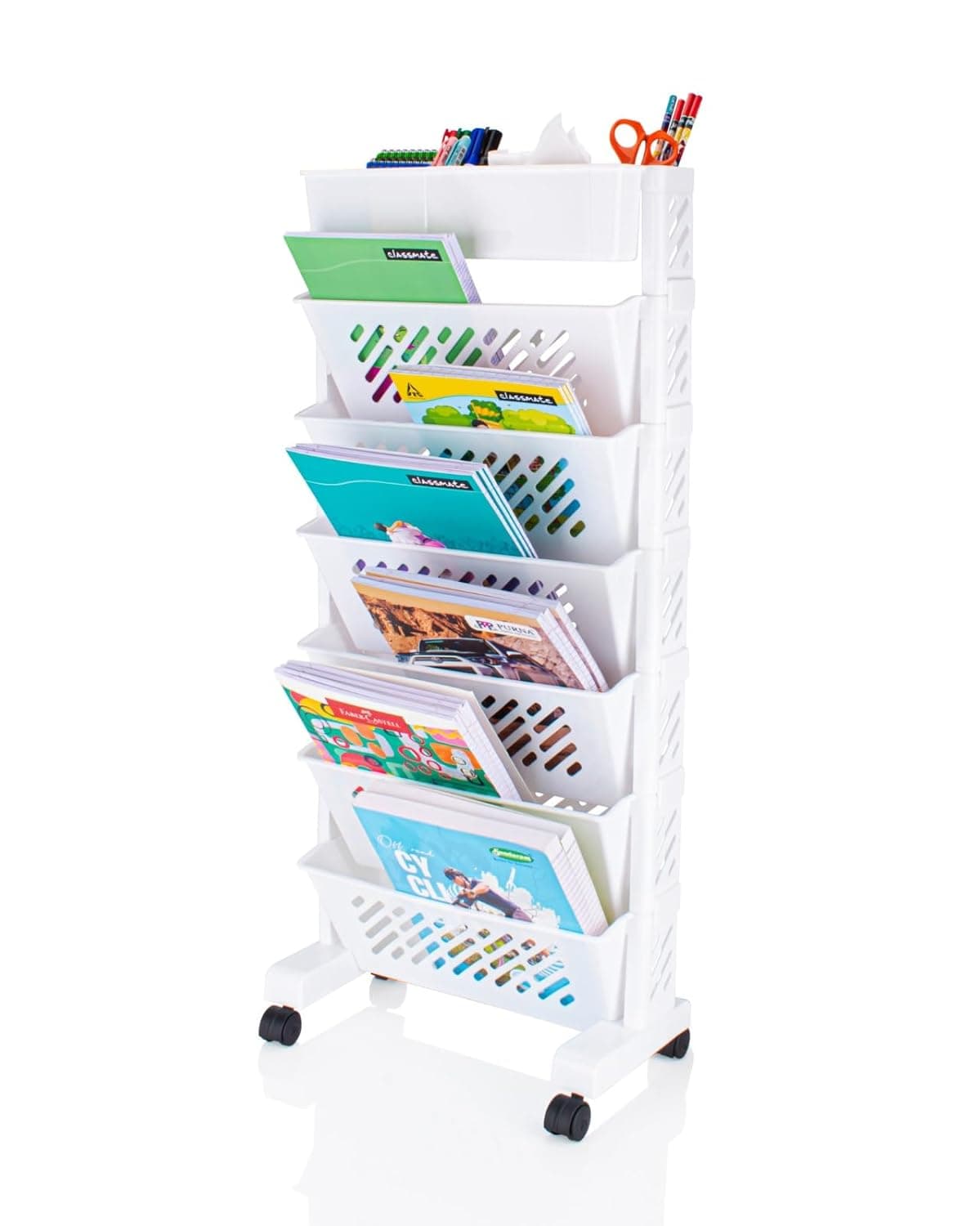 AVZEEGO Movable BookshelfLarge Capacity Rotatable Plastic Rolling Organization ShelfUtility Movable Book Rack for Kids Children Students Study in Bedroom Home School 6XL