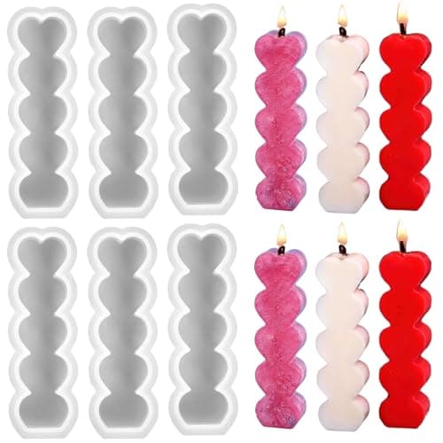 6 Pcs Love Heart Shape Candle Molds for Candle Making 3D Silicone Epoxy Resin Candle Resin Pillar Aromatherapy Candles Wax Soap Flower Specimen DIY Art Candle for Valentine's Day Party Home Decor