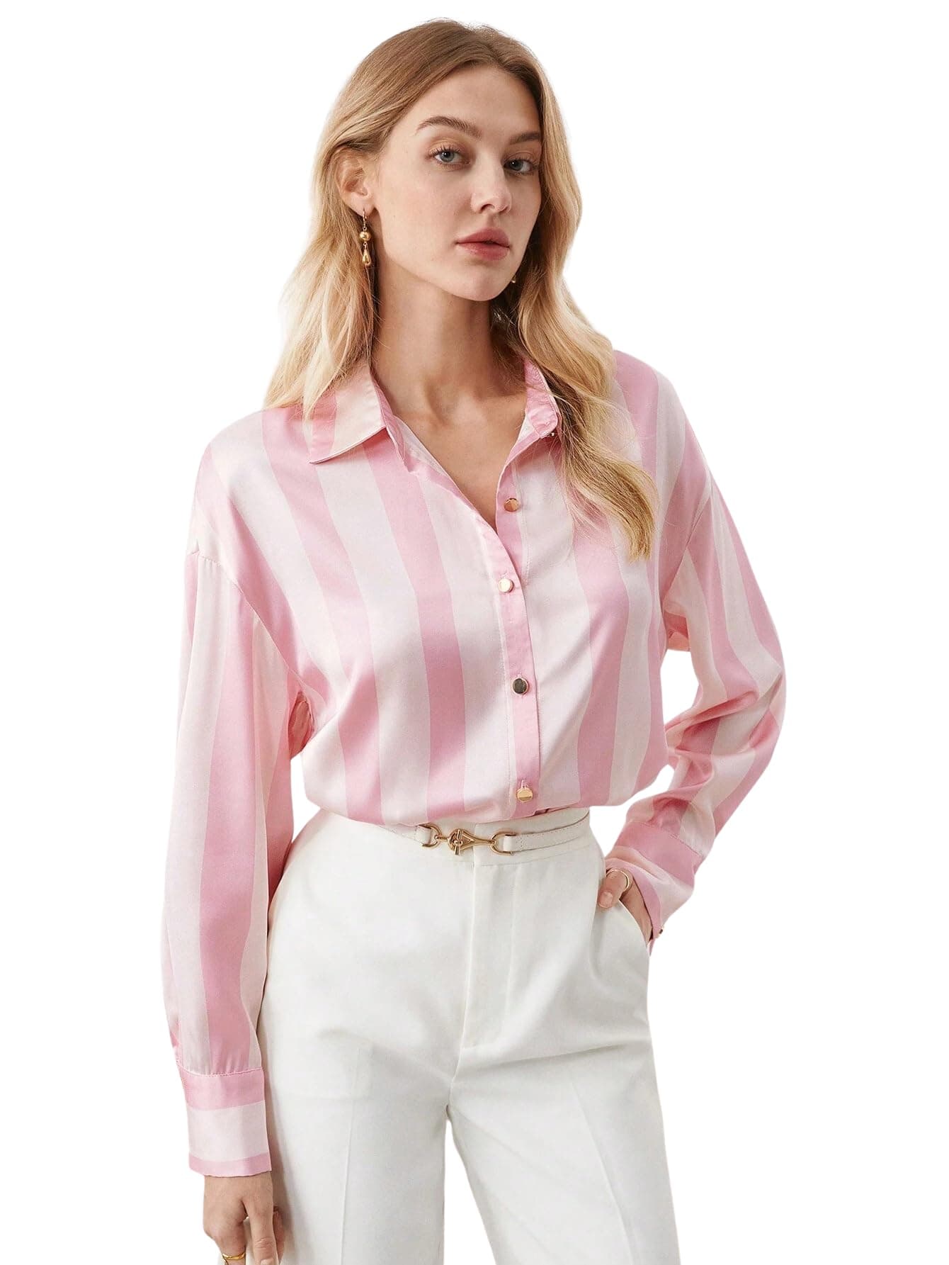IndoPrimo Women's Satin Shirt with Long Sleeves Western Style Spread Collar Neck Relaxed Fit Stripe Printed Pattern and Standard Length (in, Alpha, L, Regular, Pink)
