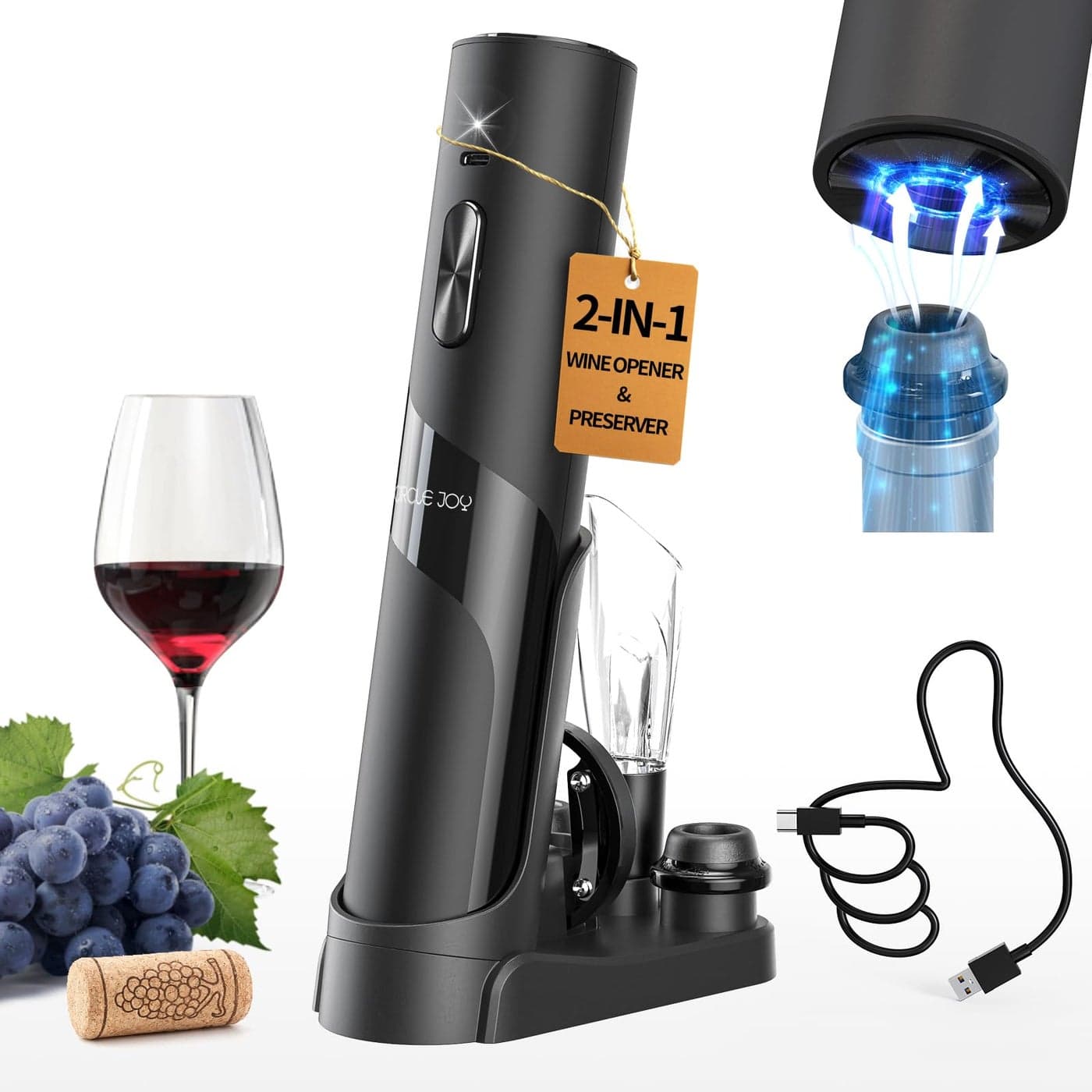 CIRCLE JOY Rechargeable Wine Opener Electric Wine Bottle Opener 7in1 Wine Gift Set with Electric Vacuum Pump Charging Station Foil Cutter Wine Aerator Pourer and 2 Wine Stoppers