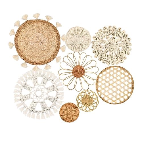 Boho Wall Basket Decor Set of 8 - Flat Woven Basket Wall Hanging Decor,Round Tassels White Macrame Tapestry Wall Decor Art,Handmade Rattan Wicker Seagrass Home Wall Baskets Decor(Boho Classic)