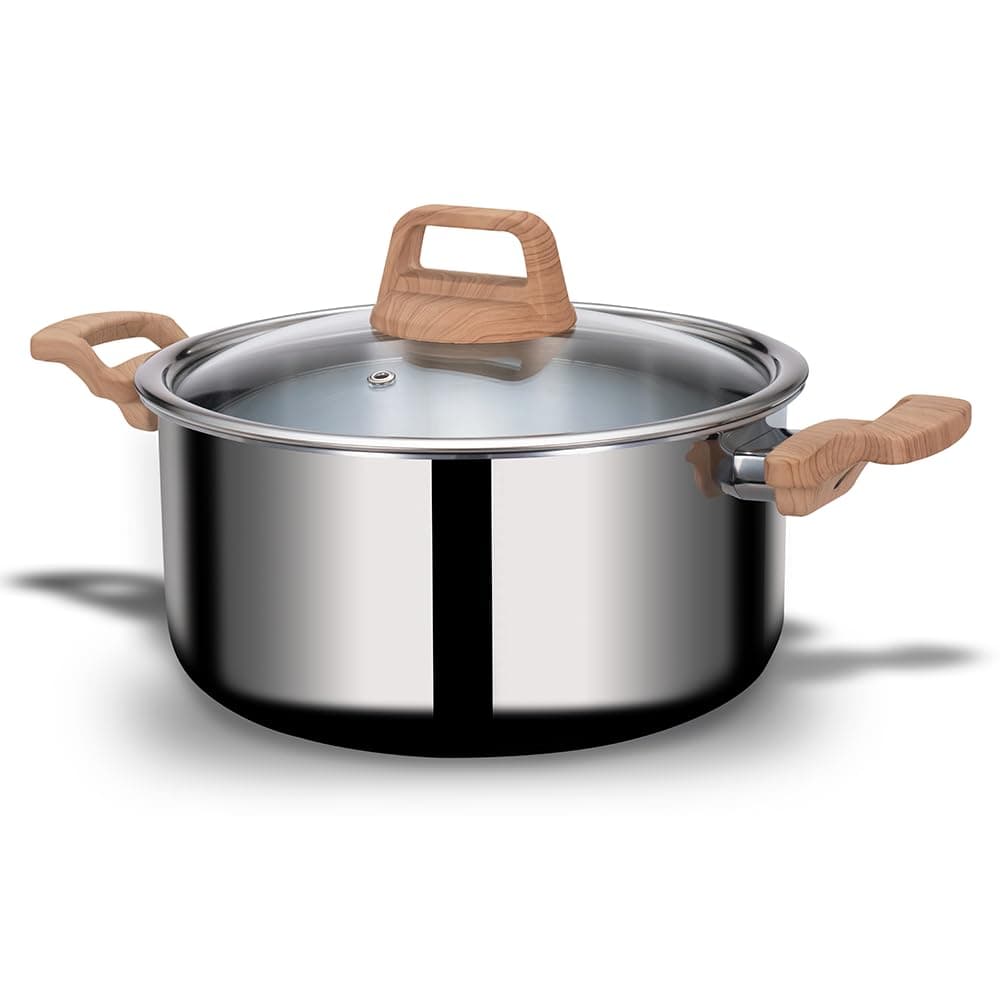 ARTTDINOX Timber Stainless Steel Triply Pot with Glass Lid for Biryani Pulao Halwa Curries 20 cm 3 LTR Wood Finished Handle Induction Gas Base 7 Yrs Warranty Jindal Stainless