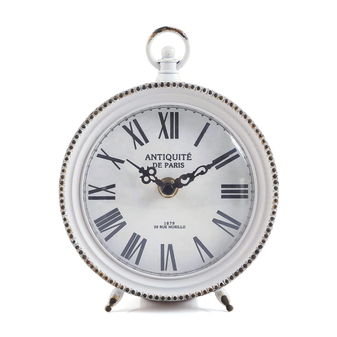 NIKKY HOME Vintage Table Clock with Handle Shelf Desk Top Clock Battery Operated Rustic Design Chic Home Decor for Fireplace Mantel Desktop Countertop Distressed White