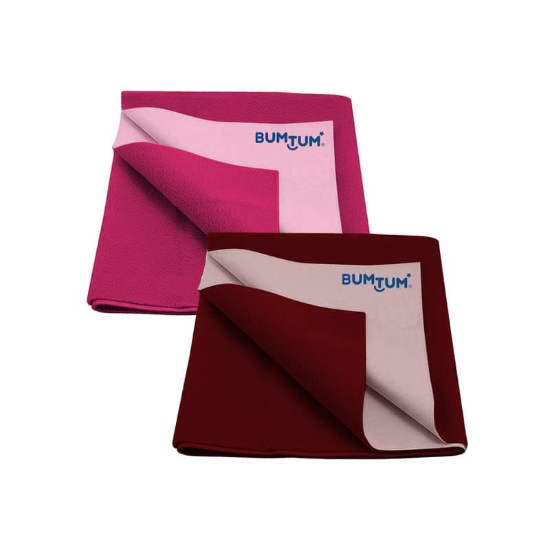 Bumtum Baby Dry Sheet Waterproof Soft Fleece Baby Bed Protector | Anti - Bacterial & Odour Free | Extra Absorbant, Reuseable & Washable (Hot Pink + Maroon Combo, Small Size, 50 * 70cm, Pack of 2)