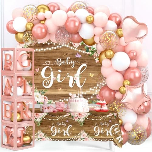 Rose Gold Baby Shower Decorations for Girl Rose Gold Pink Balloon Arch Garland Kit with Baby Boxes with Letters Baby Girl Backdrop and Tablecloth for Butterfly Baby Shower Decor Girl Birthday