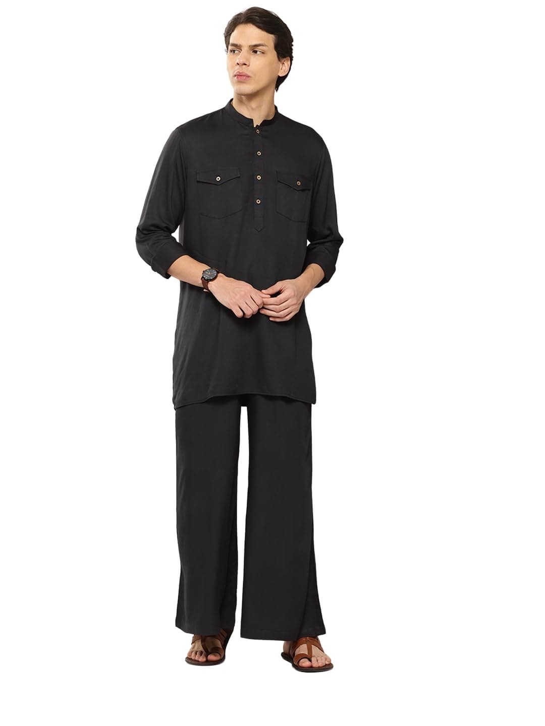See Designs Men's Long Sleeve Curved Hem Mandarin Collar Black Rayon Solid Pathani Sets - SDKT651M