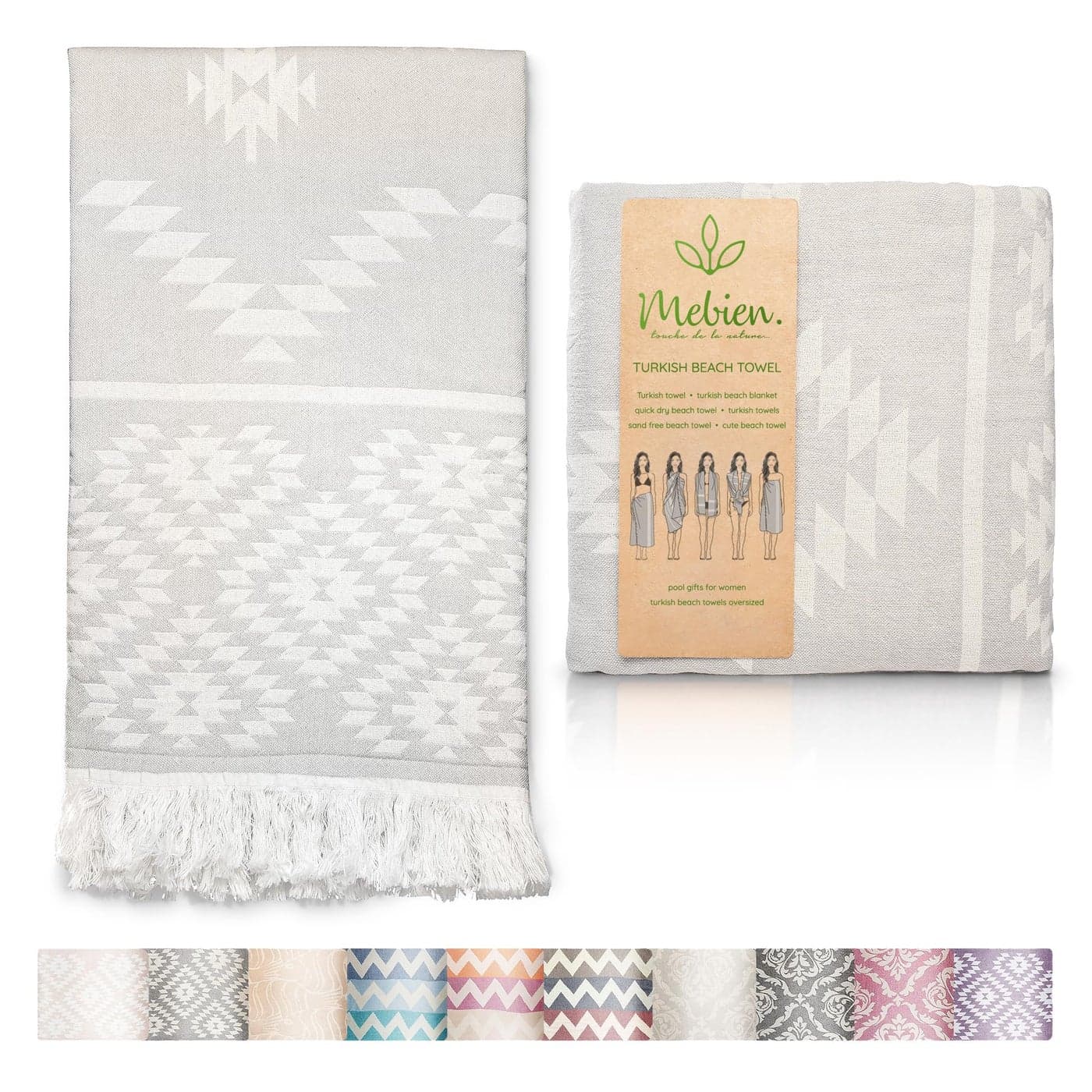 Mebien touche de la nature Premium Turkish Beach Towel (35”x67”) Suitable for Adults and Kids 100% Natural Cotton Quick Dry and Sand Free Turkish Towel Beach Blanket– Light Grey Color