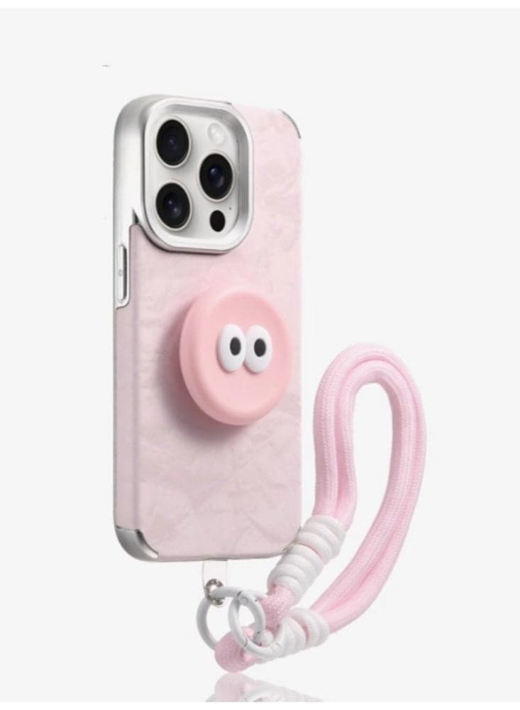 【 Pink Blunt 】 Round Eye Phone Case Bracket Fully Wrapped Silicone Anti Drop Phone Protection Case+Hanging Rope Suitable for iPhone 16 pro