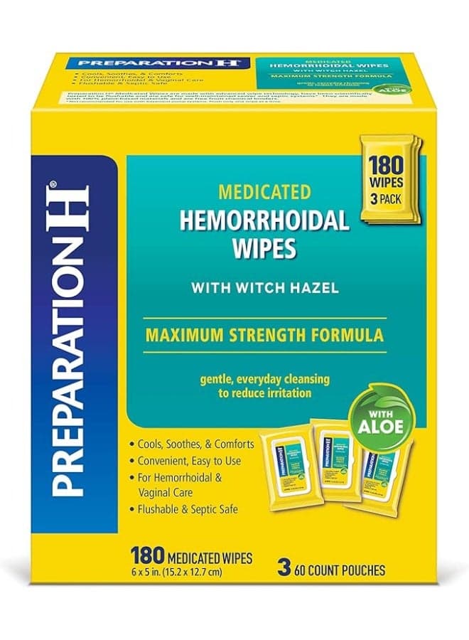 Preparation H Medicated Hemorrhoidal Wipes 180 ct, Maximum Strength Relief with Witch Hazel and Aloe, for Cleansing, Burning, Itch and Irritation Relief, 3 Packs of 60