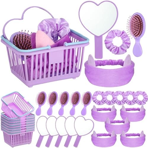 SiliFine 32 Pcs Spa Party Supplies Sleepover Party Favors with 8 Lovely Basket 8 Heart Shaped Mirror 8 Headbands 8 Satin Hair Scrunchies 8 Hair Brush for Spa Birthday Party Gift(Purple)