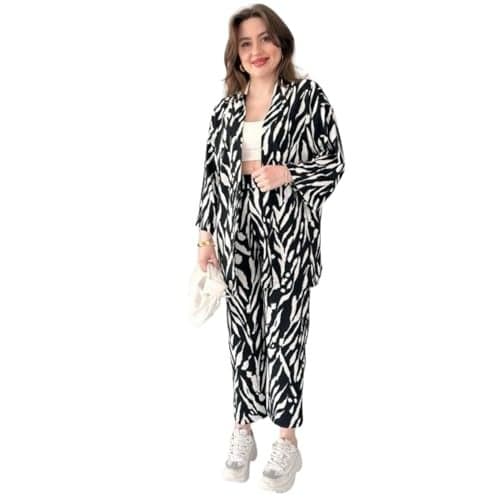 Gufrina Women's Full Sleeve Abstract Print Co-Ord Set with Collared Shirt and Front Open Design (Black L)