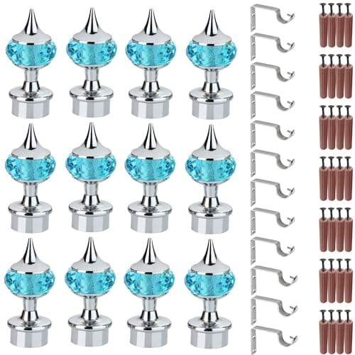 GRIVAN Single Diamond Aluminum Curtain Brackets Parda Holders with Support Fittings Designer 1 Inch Rod Pocket Finials for Door & Window (Silver Mix Sky Blue, Pair of 6)