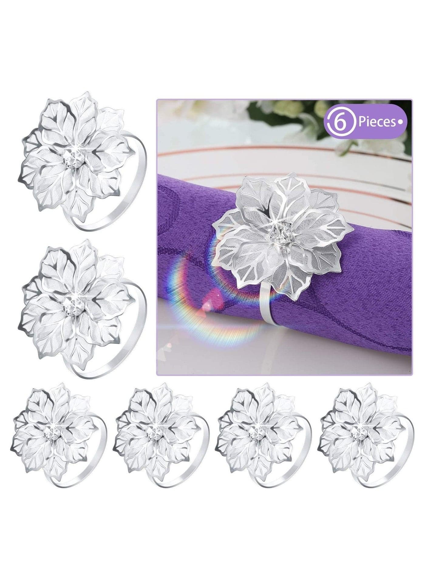 6pcs Alloy Napkin Rings with Hollow Flower Holder Decorate Beautiful Ring Set Rhinestone for Wedding Banquet Dinner Decoration