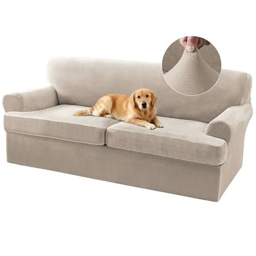 T Cushion Sofa Slipcover 3 Piece Sofa Covers for 2 Large Cushion Couch Thick Velvet Couch Cover Stretch Furniture Covers with 2 Individual T Cushion Covers, Washable (2 Cushion Sofa, French Oak)