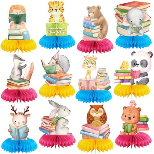 12 Pcs Book Party Decorations a Chapter Is About to Begin Honeycomb Centerpieces Book Animal Storybook Table Decoration Lions Tigers Bears Elephants Table Topper for Party Decor