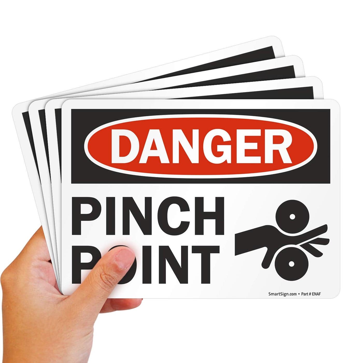 SmartSign Pack of 4 5 x7 inch Danger Pinch Point OSHA Sticker Labels with Symbol 5 mil Laminated Polyester with SuperStick Adhesive Red Black and White Made in USA