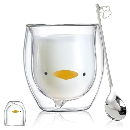 Binoster Duck Mug Cute Mugs Glass Double Wall Insulated Glass Espresso Cup, Coffee Cup, Tea Cup, Milk Cup,Kawaii Gift for Office and Personal Birthday Christmas (Duck)