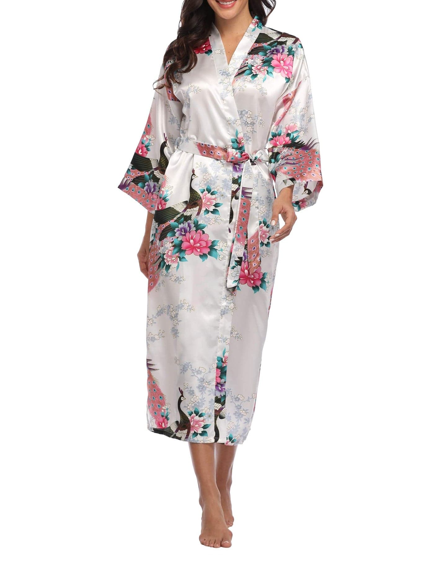Vogue Bridal Womens Floral Kimono Robe Silk Robes Bride Bridesmaid Satin Robes Bridal Dressing Gown Silky Bathrobe, White-1, Small