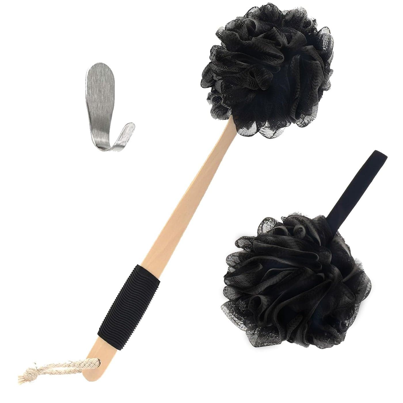 Loofah with Handle | Bamboo Charcoal Infused Loofah Back Scrubber for Shower | Exfoliating Back Loofah for Shower for Men & Women | includes 1 Loofah on a Stick,1 Loofa Pouf and 1 Hook (Black)