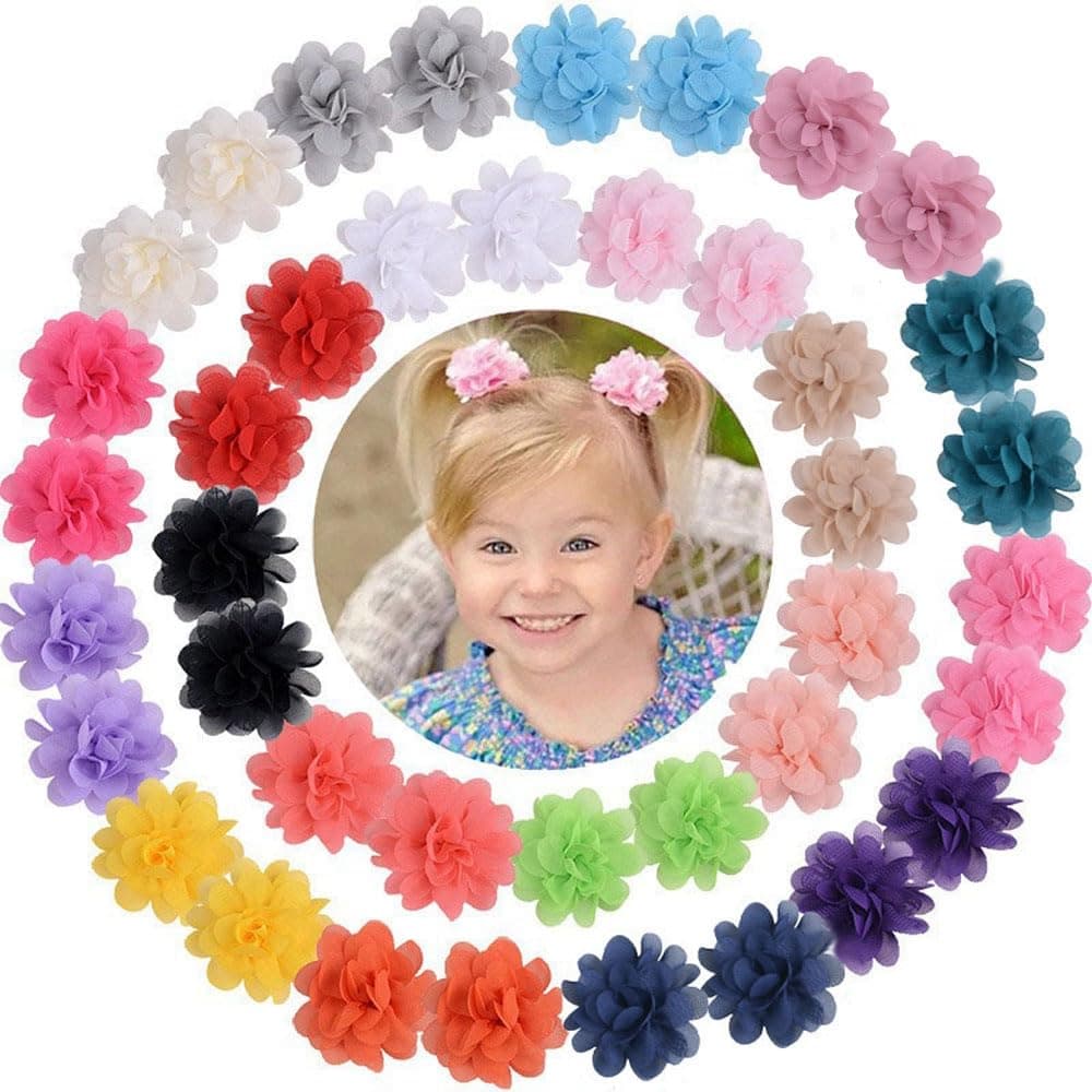 40PCS 2 Chiffon Flower Hair Clips Baby Girls Fully Lined Non Slip Hairpins Hair Accessories for Girls Newborns Infants Toddlers Gifts