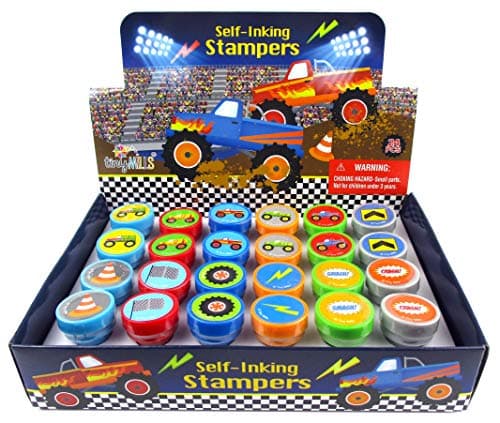 TINYMILLS 24 Pcs Monster Truck Assorted Stamps for Kids Self Ink Stamps 12 Different Designs Birthday Party Monster Truck Party Favors Goody Bag Filler Treats Classroom Rewards Carnival Prizes