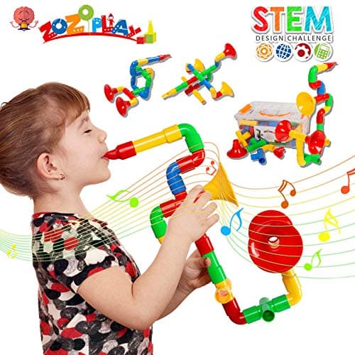 ZOZOPLAY STEM Toys Tube Locks 72 Piece Tubular Pipes Spouts Joints Whistles Trumpet Toy Learning Educational Building Block Set with Whistles Gift for Boys Girls