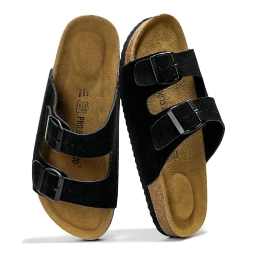 Project Cloud Genuine Leather Mens Sandals with Memory Foam Natural Cork Footbed Slides for Men Footwear - Non-Slip Double-Strap Buckle Summer Sandals (Arizona, Black, 6)
