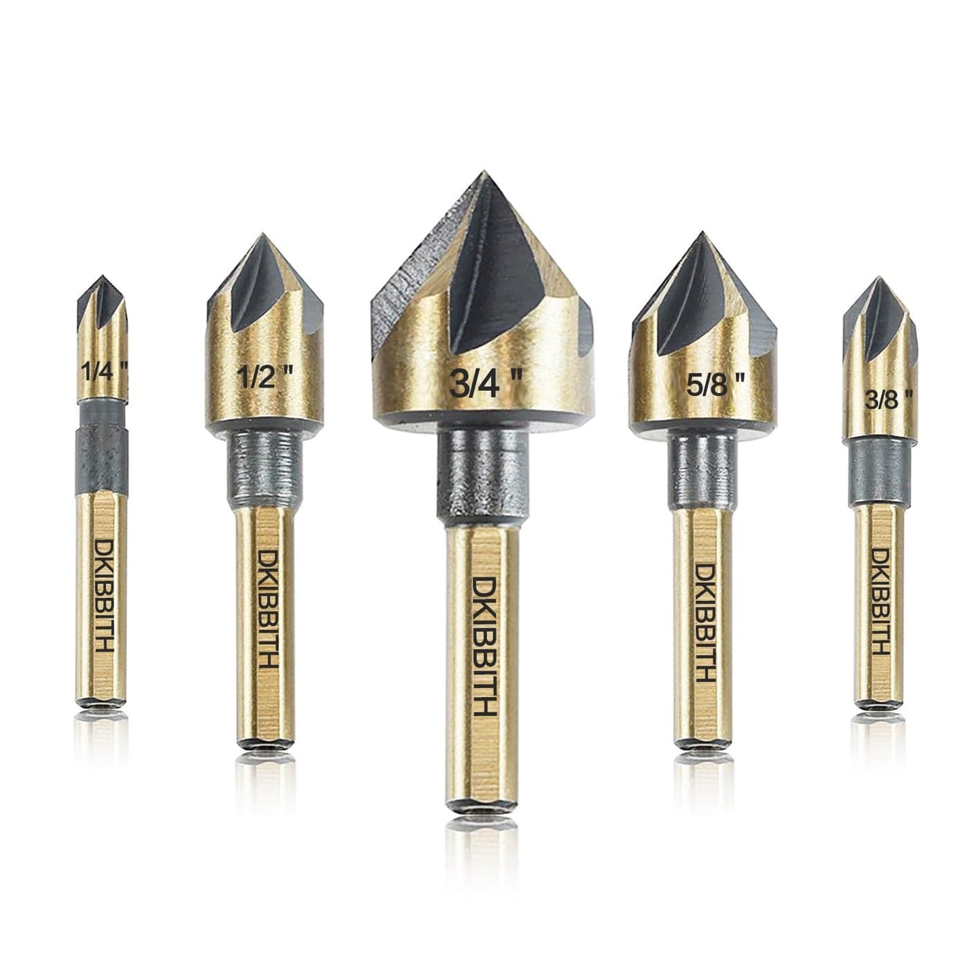 Countersink Drill Bit Set 5 Pieces High Speed Steel 82 Degree 5 Flute 6mm Round Shank Mill Cutter Bit Countersink in Sizes 14 38 12 58 34 Set with Carrying Case