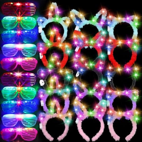 Honoson 30 Pcs LED Light up Glasses Cat LED Cute Headband Cat Ears Sunglasses Glow in the Dark Party Supplies Longpile