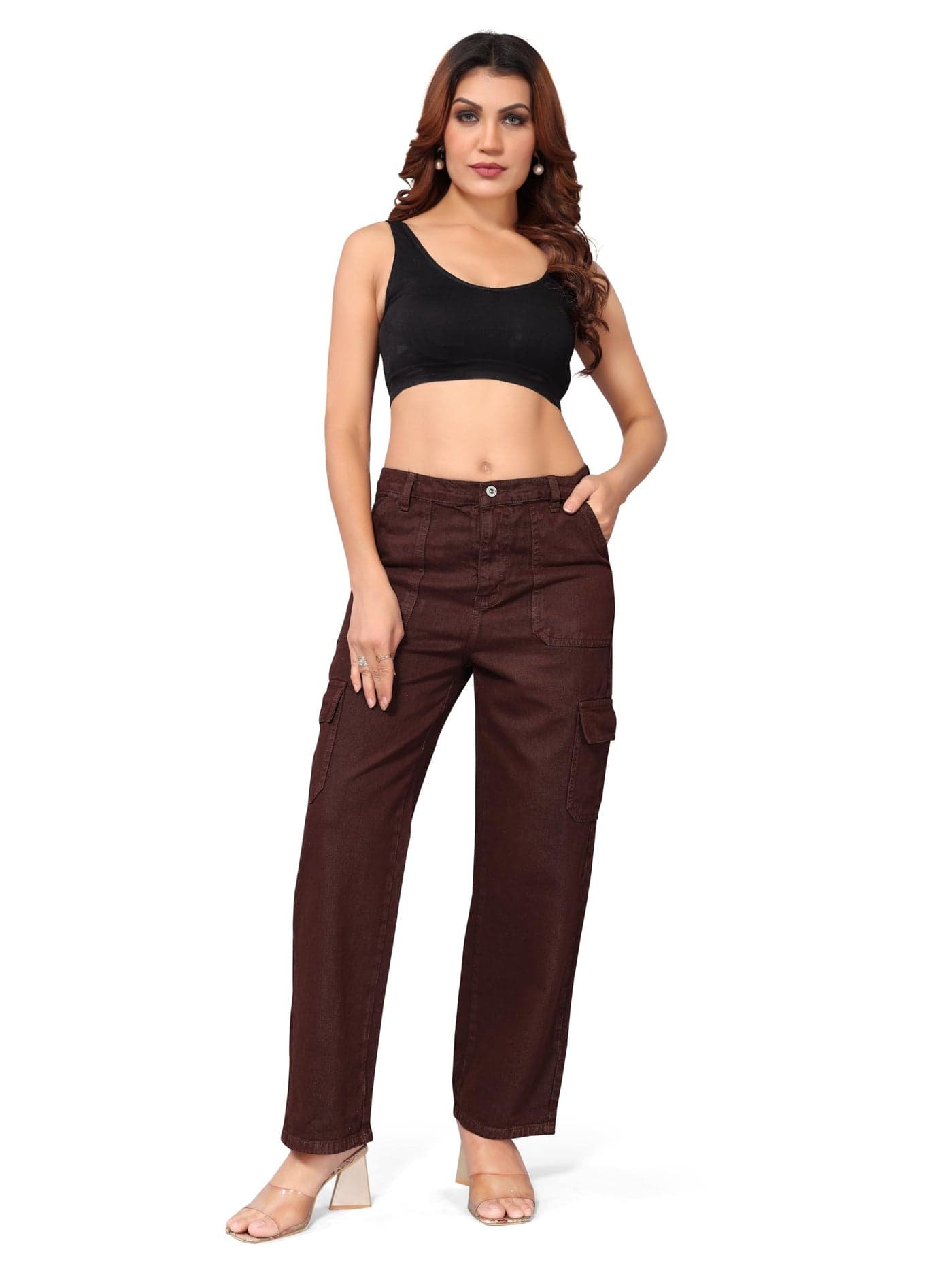 ELLITI Women's 6 Pocket Regular Fit High Rise Relaxed/Boyfriend Fit, Wide Leg, Bell Bottom, Pure Denim Ankle Length Jeans Pants (Size: 28) (Colour: Brown)