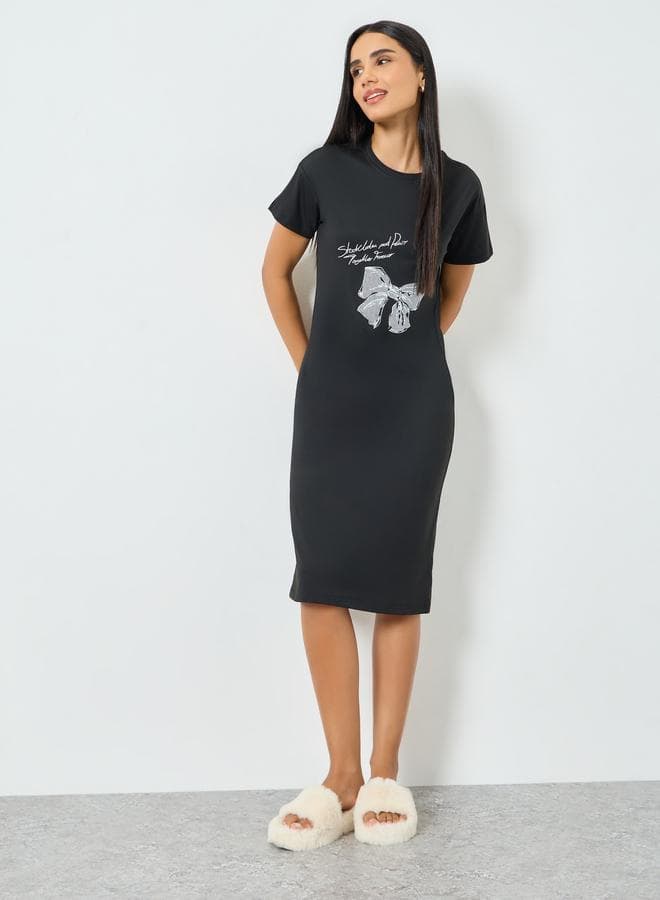 Black Printed Short Sleeve T-Shirt Dress