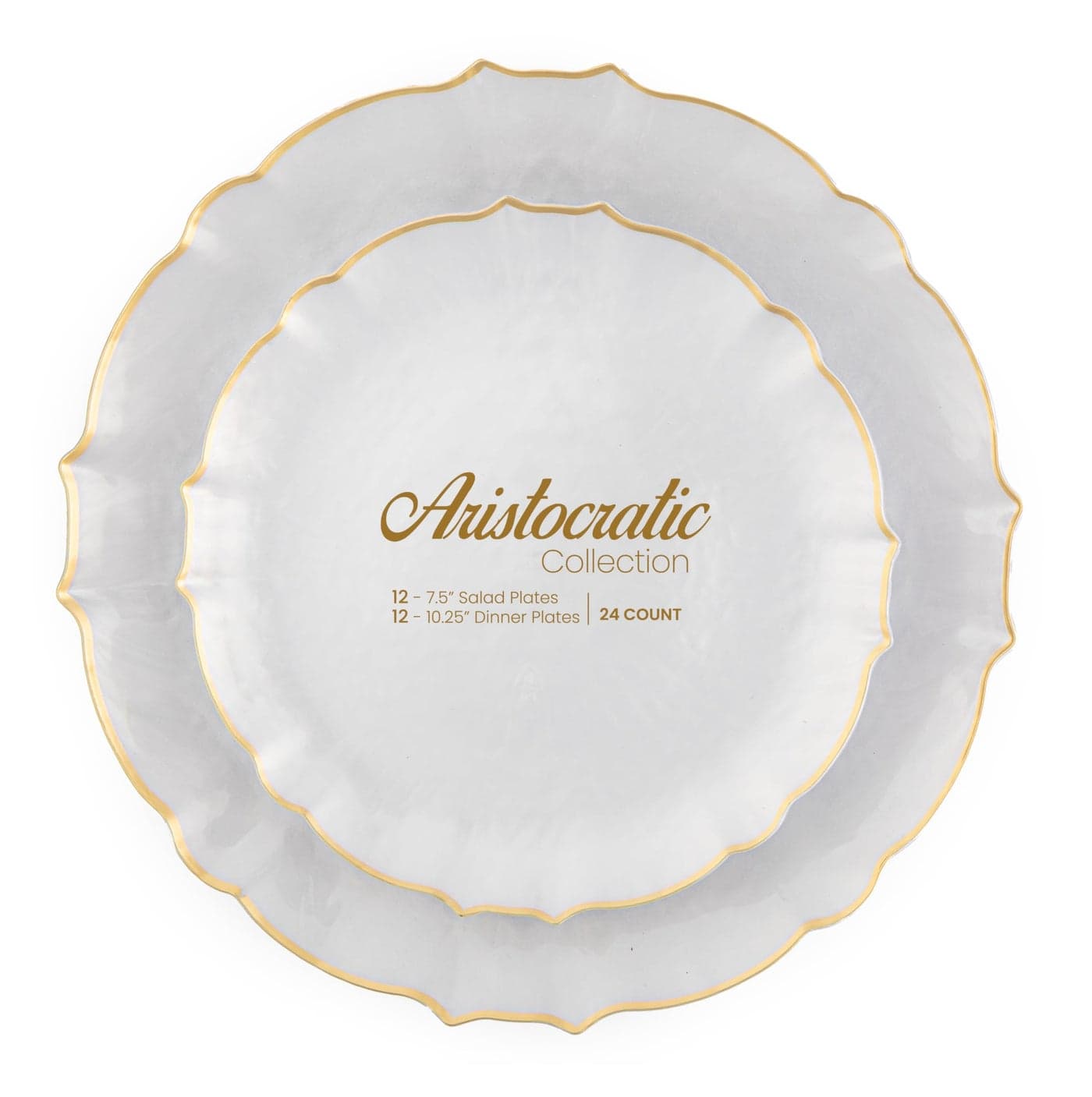 PLASTICPRO 24 Piece Aristocratic Combo Plastic Dinner Plates Disposable Plastic Fancy Heavy Duty Party Dishes 12, 7'' inch and 12, 10'' inch, Pearl White With Gold Rim