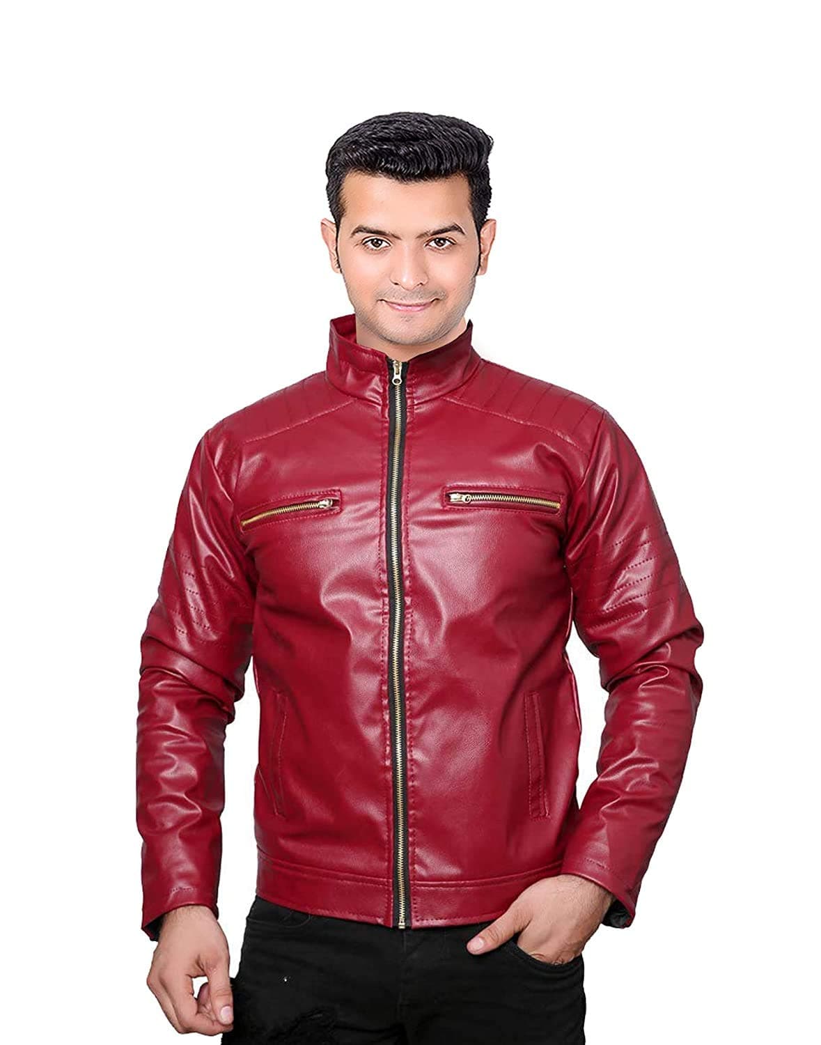 Malvina Boy's Faux Leather Biker Jacket with Zip, Export Quality, Full Sleeves Vegan Jacket with Latest Unique Design (Red)- Small