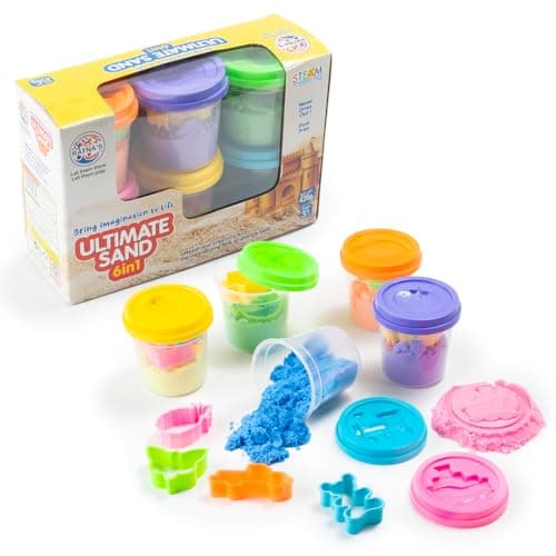 RATNA'S 6in1 Ultimate Sand Having 6 Tubs of Different Color Sand (70g Each) & 18 Moulds, Smooth, Non Sticky Sand Kit Activity Toys for Kids (Assorted Colours)
