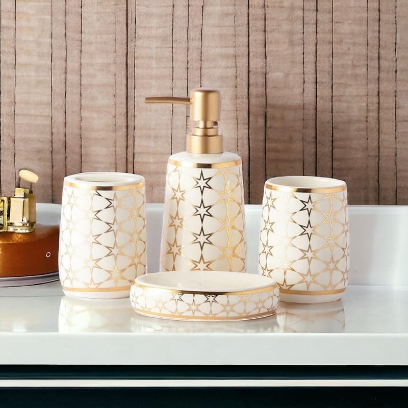 Whizzo® Ceramic Star Design Bathroom Accessories Set Ceramic - 4 Pieces Bathroom Accessories Set Soap Dispenser, Toothbrush Holder, Tumbler, Soap Dish, The Best Gifting Choice (WZ-BS-804-White)