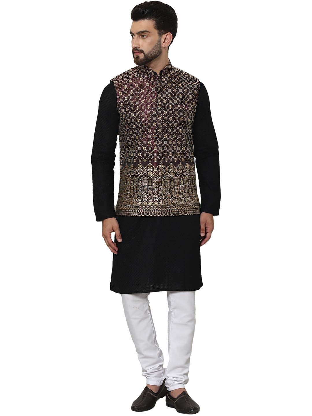 SOJANYA (Since 1958 Men's Pure Cotton Black Kurta and White Pyjama with Wine Nehru Jacket