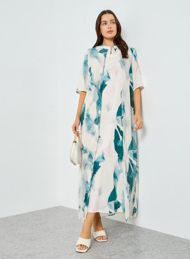 Green Printed Short Sleeve A-Line Maxi Dress