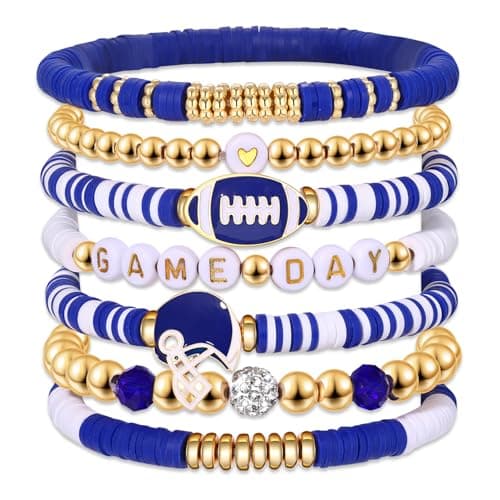 Game Day Bracelets for Women Football Bracelets Red Black Blue Heishi Clay Beaded Stretch Bracelets Stackable Sports Football Charm Bracelet Bangles Football Mom Accessories Outfits Jewelry Gifts (Blue)