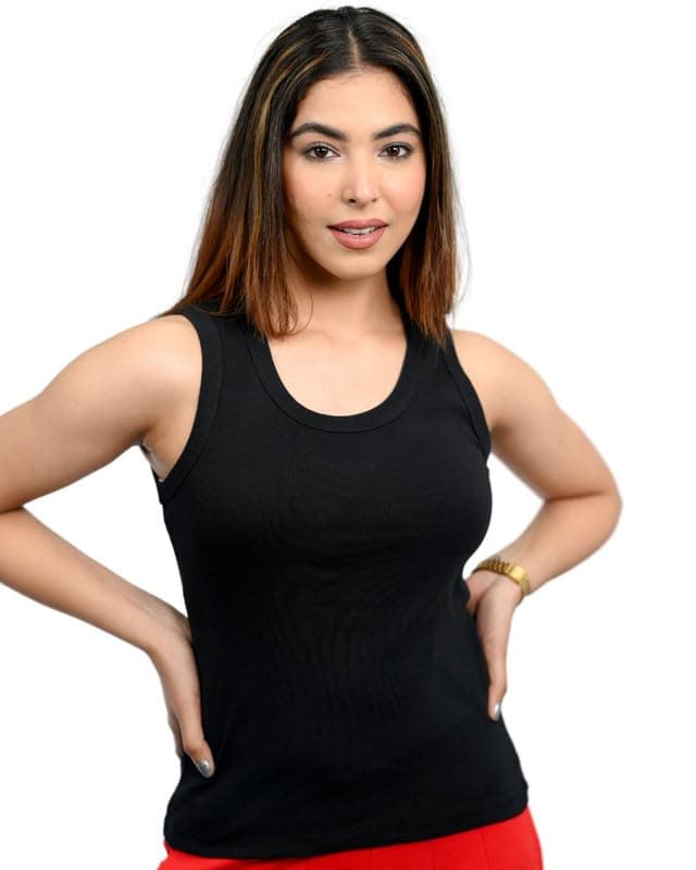 Mlada Cotton Ribbed Knit Tops for Women with Non Transparent Fabric | Stretchable Rib Knitted Sleeveless Racerback Tank Top with Crew Neck | Fitted Rib Knitted Cropped Vest Top - Black, 2XL