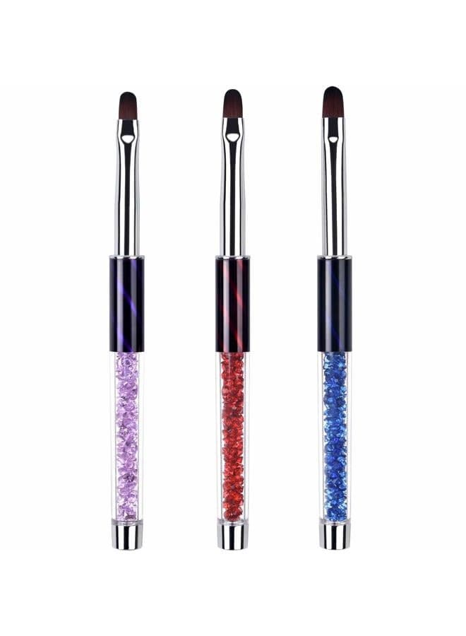 Ycyan 3Pcs Oval Gel Nail Brush Set Rhinestone Handle Professional Nail Art Tools for Polygel UV Builder Gel Nails Extension Size 6/8/10