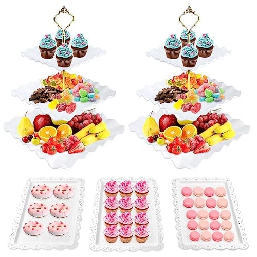 5 Pcs Cupcake Stand Set-Dessert Table Display Set with 2xlarge 3-Tier Cupcake Stands + 3X Appetizer Trays Perfect (Wave)