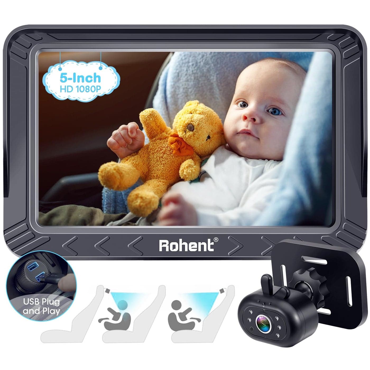 Rohent Baby Car Camera 5Inch HD 1080P Night Vision Easy Install Rear ForwardFacing Seat Camera USB Powered Baby Camera for Car Safety for Infants and Kids No Tools Required