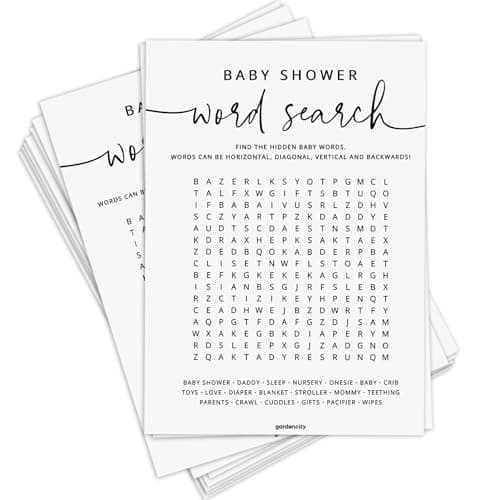 GardenCity 50 Baby Shower Word Search Game Cards Fun Baby Shower Games for Boy or Girl Gender Neutral Minimalist