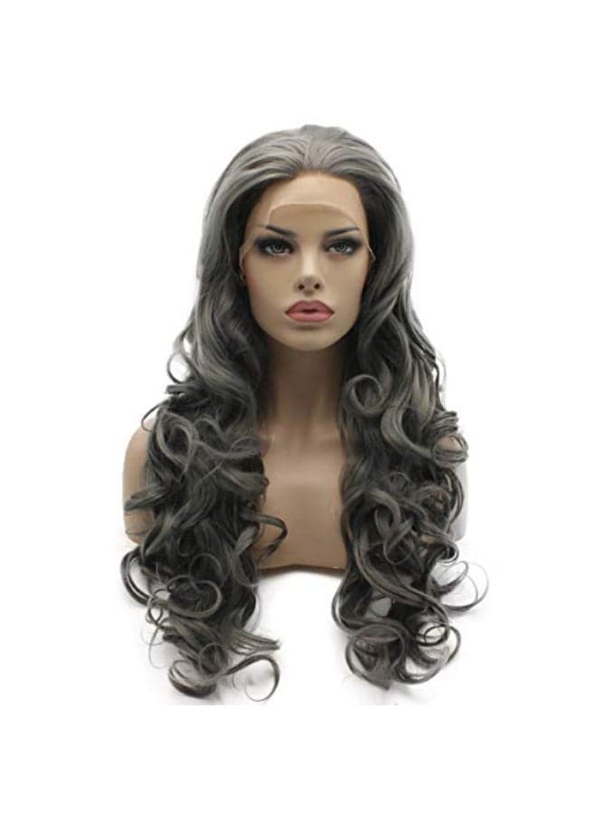 Lushy Wavy Long Grey Wig Half Hand Tied Heat Resistant Synthetic Lace Front Wig