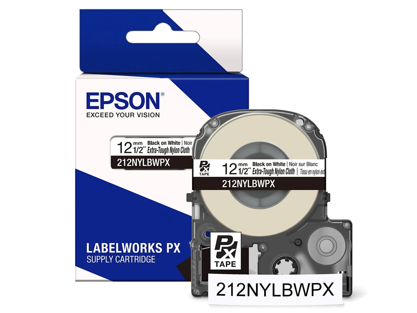 Epson LABELWORKS 212NYLBWPX Nylon Tape Cartridge - Black on White Industrial Label Maker Tape - 1/2" (12MM) Wide, 19'