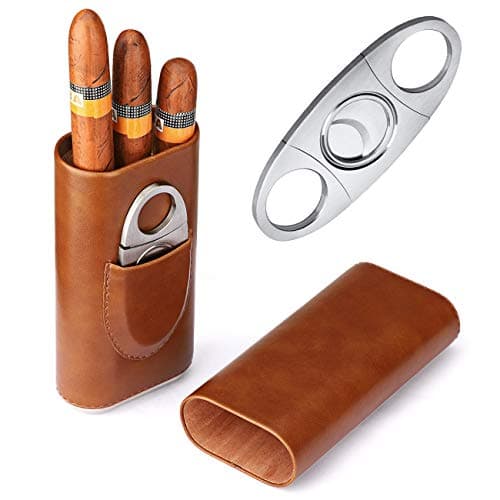 Time C club M Cigar Case Travel 3- Finger Elegant Leather Cigar Case with Cedar Wood Lined Cigar Cutter