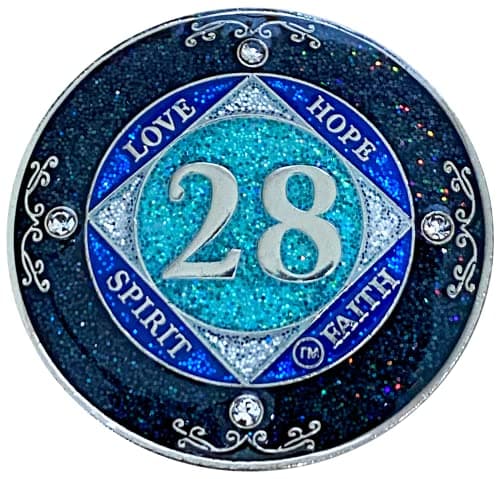 Years 150 NA 28 Year Crystals and Glitter Medallion Silver Color Plated Coin Black Rainbow Blue Glitter and Four Clear Crystals Epoxy Covered