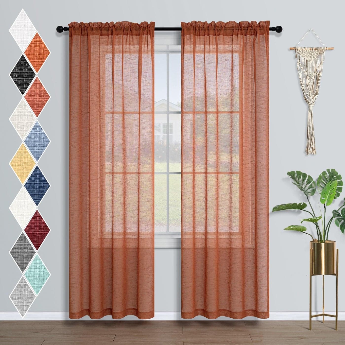MrsNaturall Terracotta Sheer Curtains 84 Inches Long for Living Room Rod Pocket Boho Textured Semi Sheer Curtain Faux Linen Light Filtering Bohemian Ochre Rust Tangerine 2 Pieces