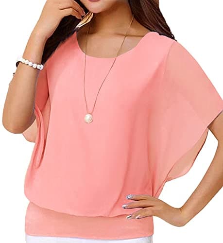 Neineiwu Women's Loose Casual Short Sleeve Chiffon Top T-Shirt Blouse (Light Pink,XX-Large)
