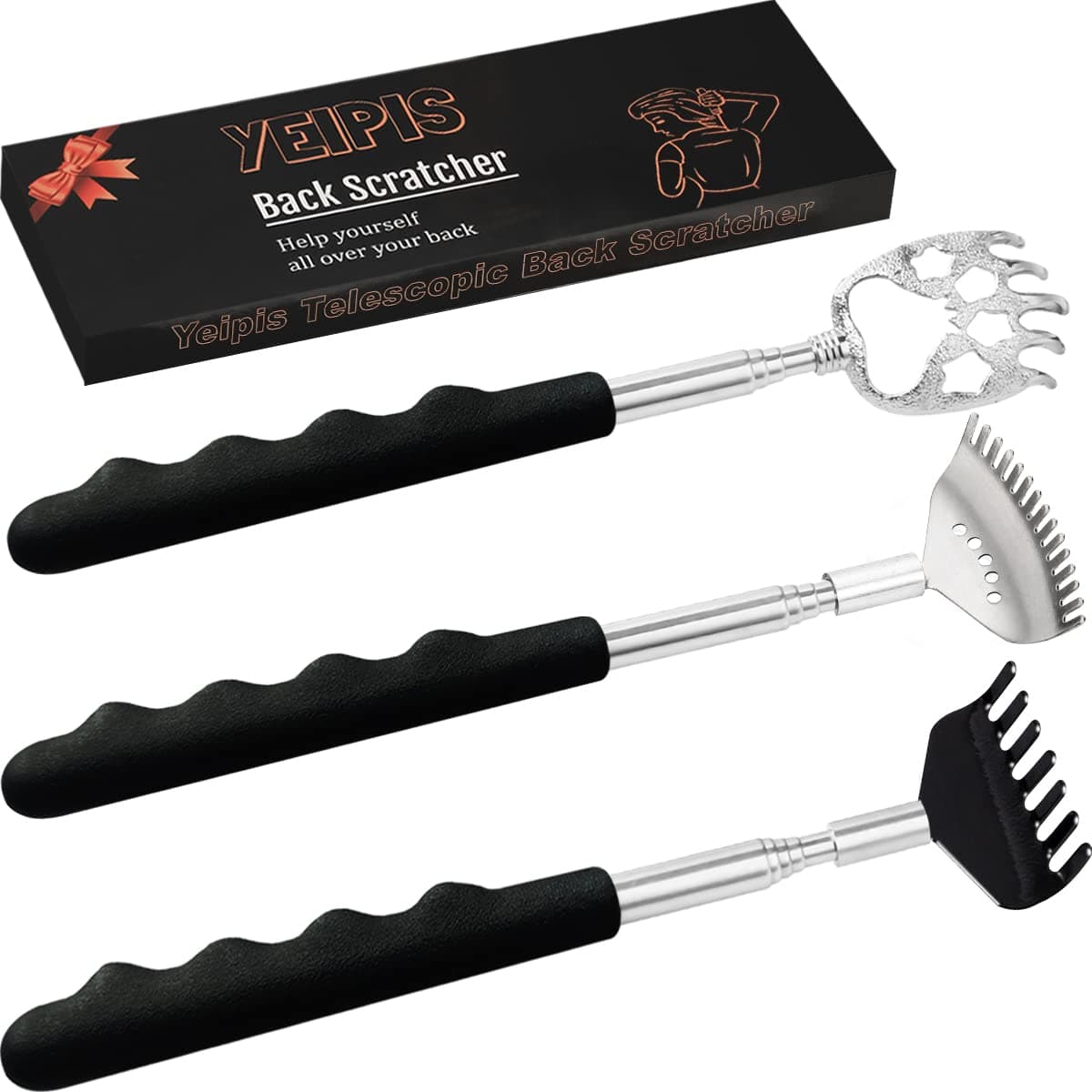 Yeipis 3 Pack Different Back Scratcher Metal Portable Telescoping with Rubber Handles Extendable Back Massager Tool with Beautiful Box Stocking Stuffers for Men Women Kids Adults Black